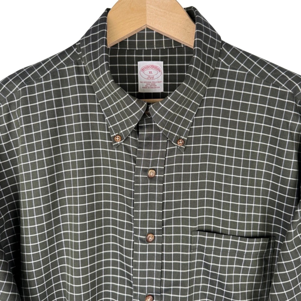Brooks Brothers 346 Mens XL Olive Green Windowpane Non-Iron Cotton‎ Button Down